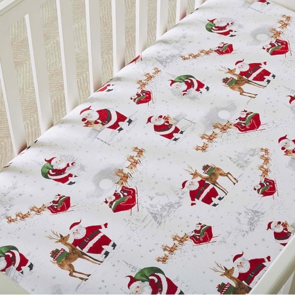 Pottery Barn Heritage White Santa Organic Flannel Fitted Crib Sheet